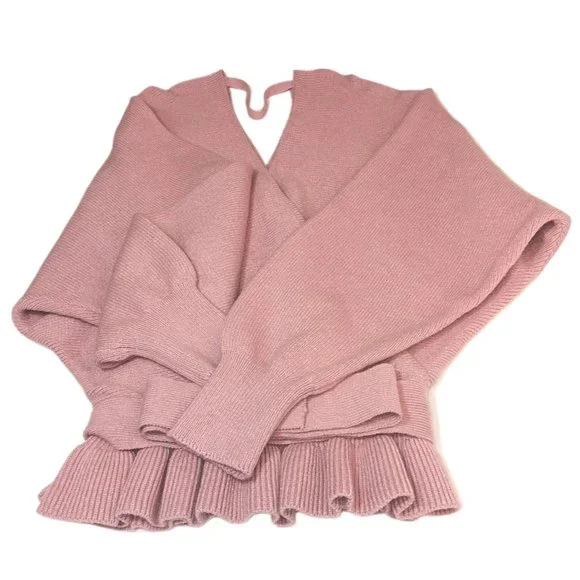 Lulus Rose Pink Knit Faux-Wrap Long Sleeve Sweater Size Medium - Picture 5 of 6